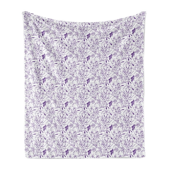 Floral Soft Flannel Fleece Throw Blanket, Monochrome Sketch Look Narcissus Flowers Modern Leaves Pattern Spring Art, Cozy Plush for Indoor and Outdoor Use, 50" x 60", Quartz and White, by Ambesonne