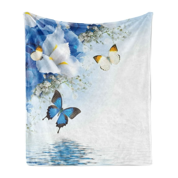 Floral Soft Flannel Fleece Throw Blanket, Nature Theme Wild Flowers Monarch Butterflies Lily on Lake Therapy Spa Art Prints, Cozy Plush for Indoor and Outdoor Use, 60" x 80", Blue White, by Ambesonne