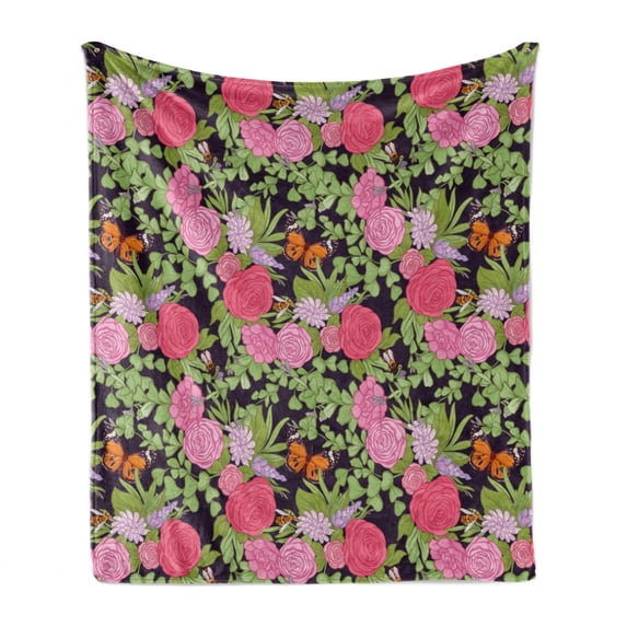 Floral Soft Flannel Fleece Throw Blanket, Nature Themed Dreamy Butterflies Bees and Botanical Elements English Garden Art, Cozy Plush for Indoor and Outdoor Use, 60" x 80", Multicolor, by Ambesonne