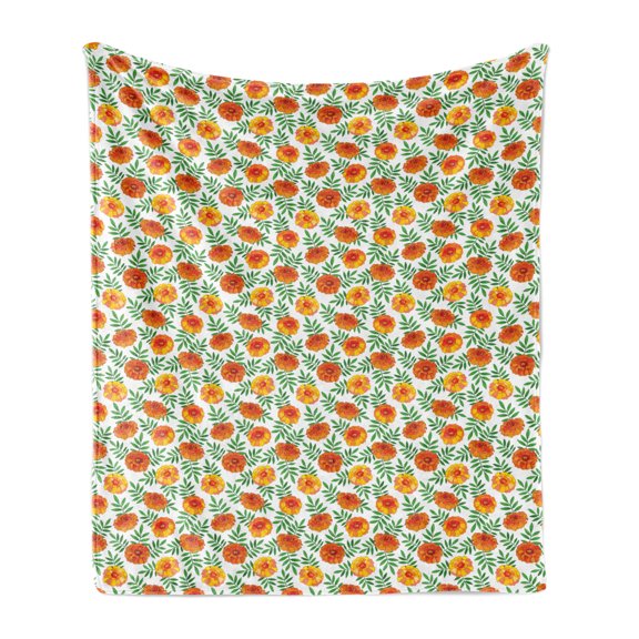 Floral Soft Flannel Fleece Throw Blanket, Orange Tagetes Marigold Flowers Pattern with Leaves Nature Composition, Cozy Plush for Indoor and Outdoor Use, 50" x 60", Vermillion and Green, by Ambesonne