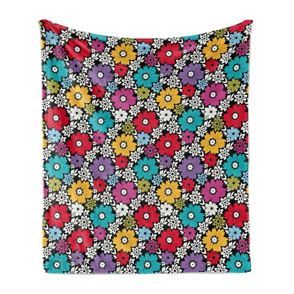 Floral Soft Flannel Fleece Throw Blanket, Ornamental Colorful Flowers and White Colored Floral Elements, Cozy Plush for Indoor and Outdoor Use, 70" x 90", Charcoal Grey and Multicolor, by Ambesonne
