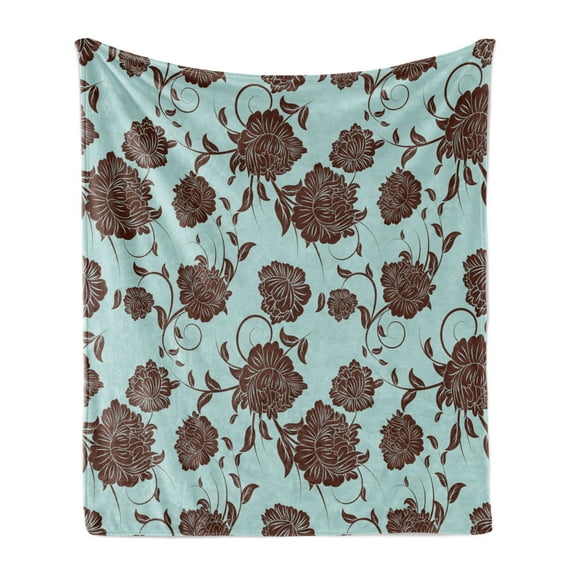 Floral Soft Flannel Fleece Throw Blanket, Ornamental Flowers Design with Curvy Swirled Branches and Leaves Vintage Art, Cozy Plush for Indoor and Outdoor Use, 50" x 60", Baby Blue Brown, by Ambesonne