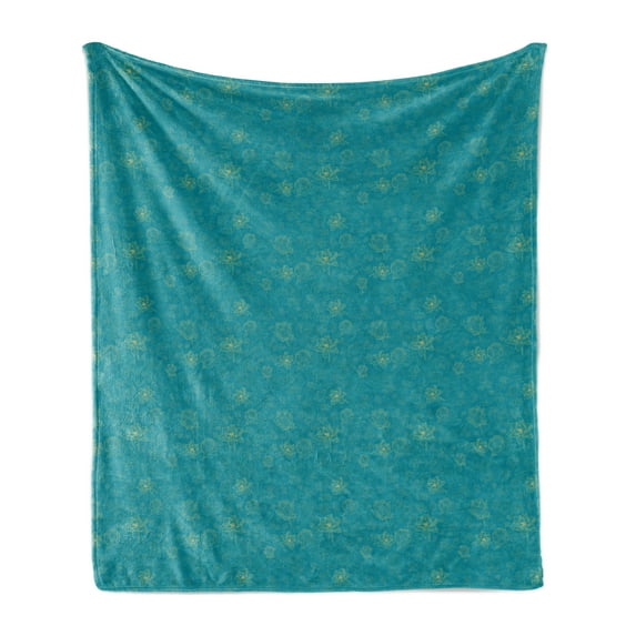Floral Soft Flannel Fleece Throw Blanket, Outline Lotus Flowers and Leaves Pattern Romantic Petal Damask, Cozy Plush for Indoor and Outdoor Use, 50" x 60", Turquoise and Avocado Green, by Ambesonne
