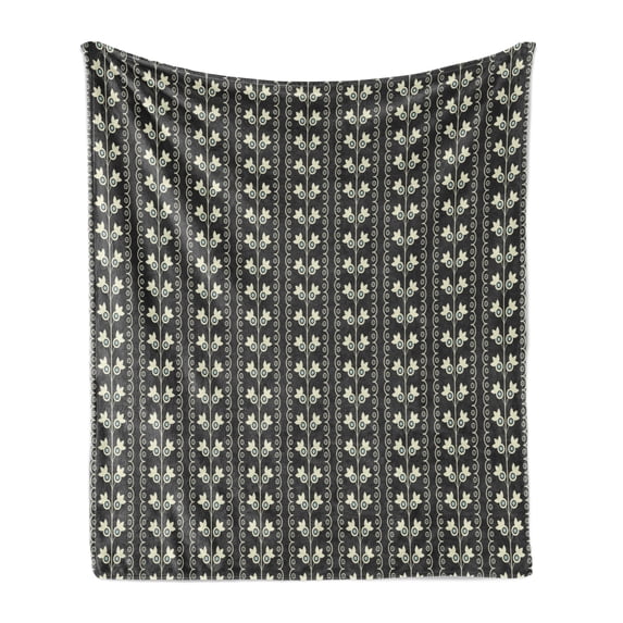 Floral Soft Flannel Fleece Throw Blanket, Pale Blue Spring Flowers with Leaves on Branches Vertical Wavy Pattern, Cozy Plush for Indoor and Outdoor Use, 50" x 60", Black Pale Blue Cream, by Ambesonne