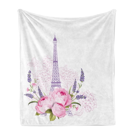 Floral Soft Flannel Fleece Throw Blanket, Paris Romantic Graphic of Eiffel Tower and Flowers Spring Blooming, Cozy Plush for Indoor and Outdoor Use, 60" x 80", Lavender and Multicolor, by Ambesonne