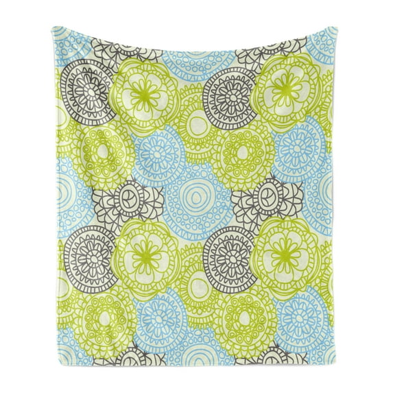 Floral Soft Flannel Fleece Throw Blanket, Pastel Colored Flowers with Folk Style Effects Design Nature Print, Cozy Plush for Indoor and Outdoor Use, 70" x 90", Apple Green Aqua Grey, by Ambesonne