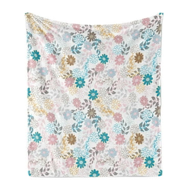 Floral Soft Flannel Fleece Throw Blanket, Pastel Daisies and Leaves Blooming Retro Style Foliage Spring Color Palette, Cozy Plush for Indoor and Outdoor Use, 50" x 60", Multicolor, by Ambesonne