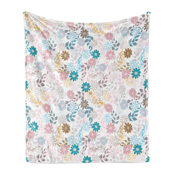 Floral Soft Flannel Fleece Throw Blanket, Pastel Daisies and Leaves Blooming Retro Style Foliage Spring Color Palette, Cozy Plush for Indoor and Outdoor Use, 50" x 60", Multicolor, by Ambesonne