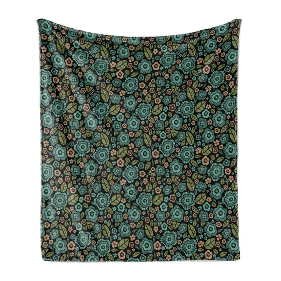 Floral Soft Flannel Fleece Throw Blanket, Pastel Flowers Petals Leaves in Earth Tones Foliage on Dark Backdrop, Cozy Plush for Indoor and Outdoor Use, 70" x 90", Teal Burnt Sienna Black, by Ambesonne