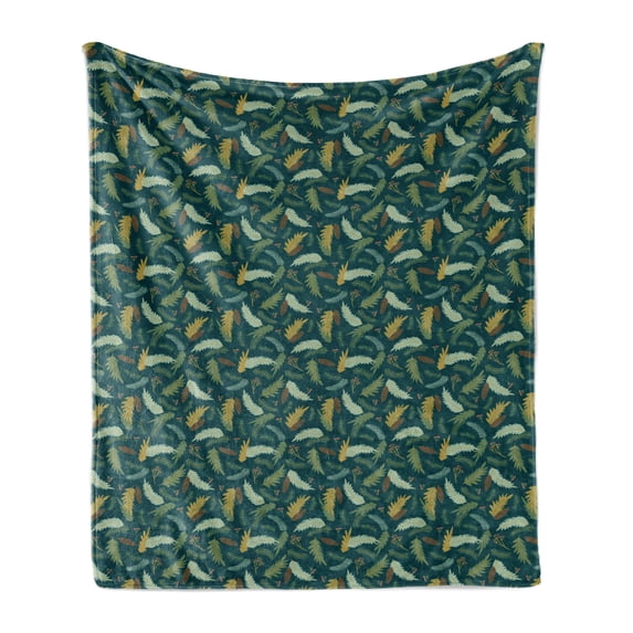 Floral Soft Flannel Fleece Throw Blanket, Pattern of Christmas Tree Ornamental Plants, Cozy Plush for Indoor and Outdoor Use, 50" x 70", Hunter Green Multicolor, by Ambesonne