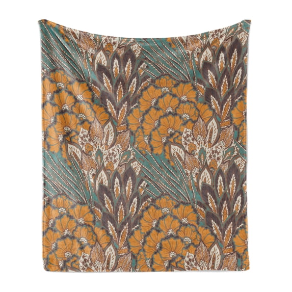 Floral Soft Flannel Fleece Throw Blanket, Pattern of Flowers and Peacock Feathers Floral Arrangement Artwork, Cozy Plush for Indoor and Outdoor Use, 50" x 60", Petrol Blue Pale Coffee, by Ambesonne