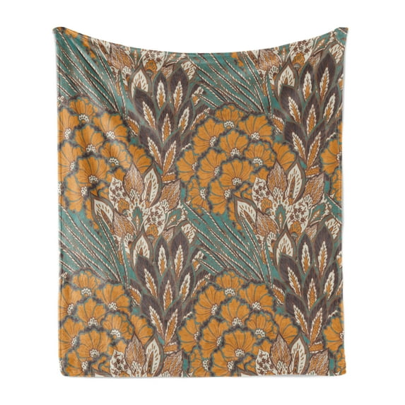 Floral Soft Flannel Fleece Throw Blanket, Pattern of Flowers and Peacock Feathers Floral Arrangement Artwork, Cozy Plush for Indoor and Outdoor Use, 60" x 80", Petrol Blue Pale Coffee, by Ambesonne