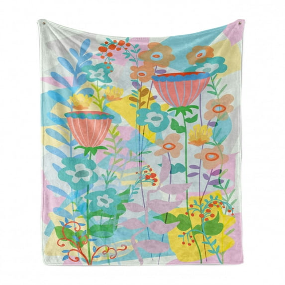 Floral Soft Flannel Fleece Throw Blanket, Pattern of Garden Bouquet of Fantasy and Retro Flowers Budding Botanical Artwork, Cozy Plush for Indoor and Outdoor Use, 50" x 70", Multicolor, by Ambesonne