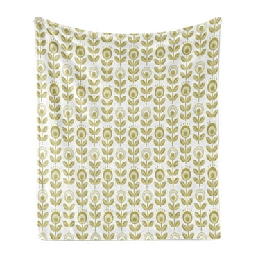 Floral Soft Flannel Fleece Throw Blanket, Pattern of Monochrome Traditional Scandinavian Style Flowers on Plain Background, Cozy Plush for Indoor and Outdoor Use, 50" x 60", Khaki White, by Ambesonne