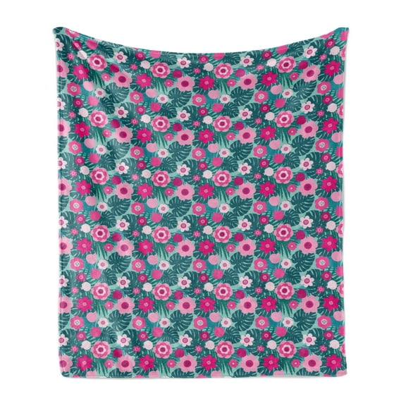 Floral Soft Flannel Fleece Throw Blanket, Pattern of Monstera Leaf Pink Flowers Tropical Arrangement, Cozy Plush for Indoor and Outdoor Use, 60" x 80", Pale Petrol Blue Teal, by Ambesonne