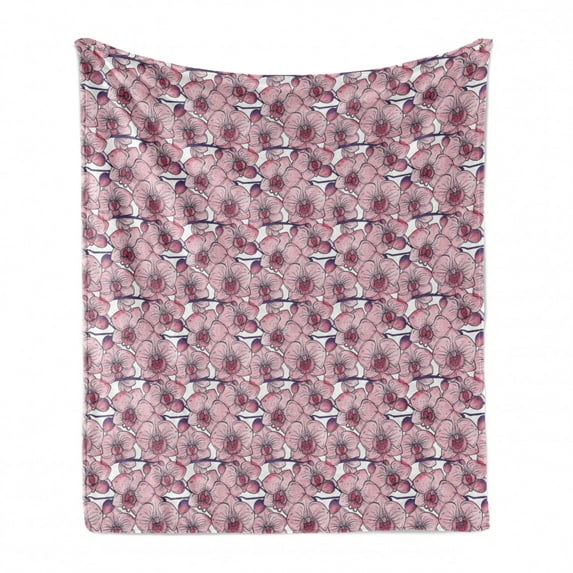 Floral Soft Flannel Fleece Throw Blanket, Pattern of Rhythmic Spring Time Elements Soft Blush Tone Orchid Flowers, Cozy Plush for Indoor and Outdoor Use, 50" x 70", Pink and Purple Grey, by Ambesonne