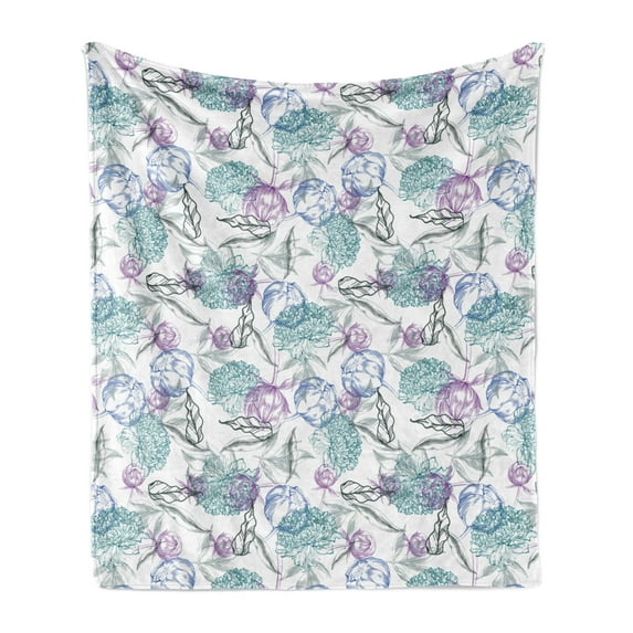 Floral Soft Flannel Fleece Throw Blanket, Peonies Leaves Flower Sketch Style Motifs on Plain Background Pattern, Cozy Plush for Indoor and Outdoor Use, 70" x 90", White Lilac Azure Blue, by Ambesonne