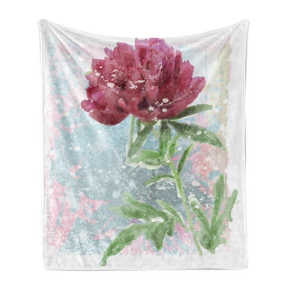 Floral Soft Flannel Fleece Throw Blanket, Peony Flower Murky Blossom Nature Beauty Growth Retro Picture, Cozy Plush for Indoor and Outdoor Use, 70" x 90", Fern Green Pale Blue, by Ambesonne