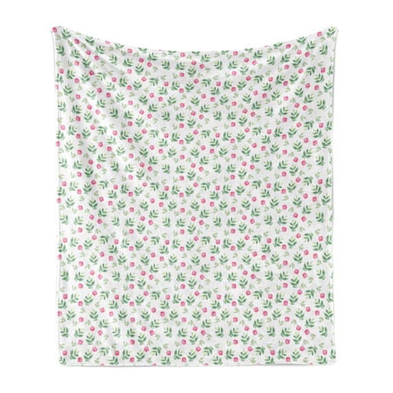 Floral Soft Flannel Fleece Throw Blanket, Pinkish Flowers and Leaves Watercolor Paint on a Plain Backdrop Fashion Art, Cozy Plush for Indoor and Outdoor Use, 60" x 80", Pink and Green, by Ambesonne