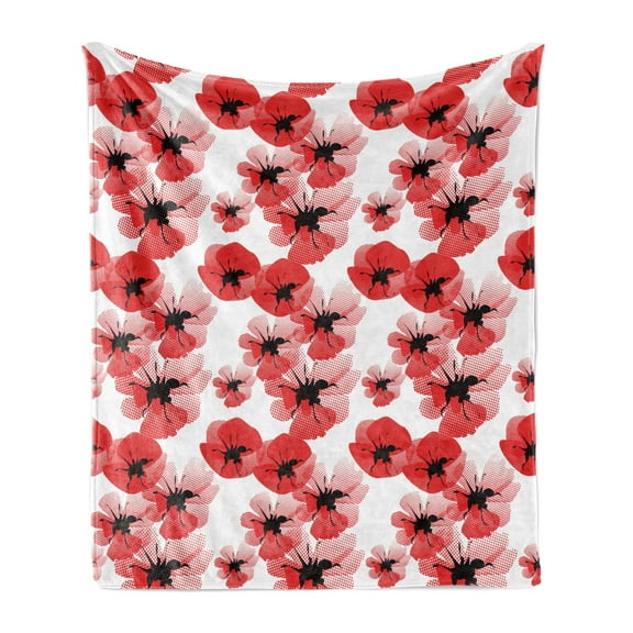 Floral Soft Flannel Fleece Throw Blanket, Poppies Retro Halftone Effect Fertility and Eternal Life Vintage, Cozy Plush for Indoor and Outdoor Use, 60" x 80", Vermilion Black White, by Ambesonne
