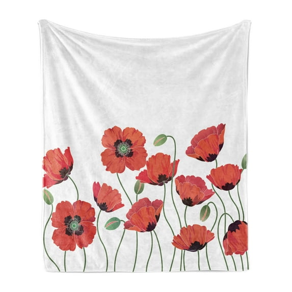Floral Soft Flannel Fleece Throw Blanket, Poppy Flowers in Garden Fresh Plant Idyllic Nature Fragrance Theme Print, Cozy Plush for Indoor and Outdoor Use, 70" x 90", Orange Green, by Ambesonne