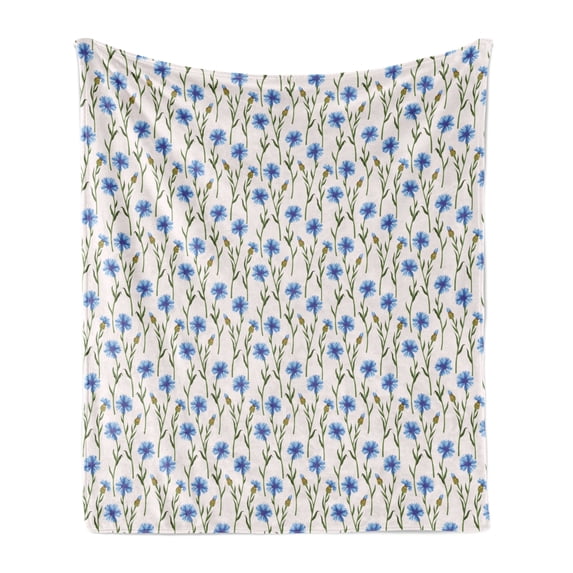 Floral Soft Flannel Fleece Throw Blanket, Print of Cornflowers Nature Illustration Country Field Items, Cozy Plush for Indoor and Outdoor Use, 50" x 70", Blue Green, by Ambesonne