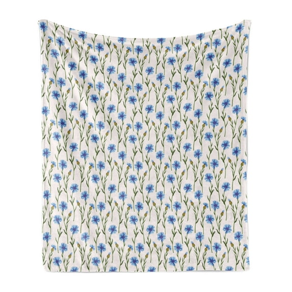 Floral Soft Flannel Fleece Throw Blanket, Print of Cornflowers Nature Illustration Country Field Items, Cozy Plush for Indoor and Outdoor Use, 70" x 90", Blue Green, by Ambesonne
