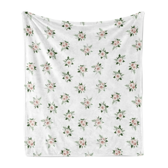Floral Soft Flannel Fleece Throw Blanket, Print of Repeating Rose Flower Bouquet Motifs on a Plain Background, Cozy Plush for Indoor and Outdoor Use, 50" x 60", Reseda Green and Blush, by Ambesonne