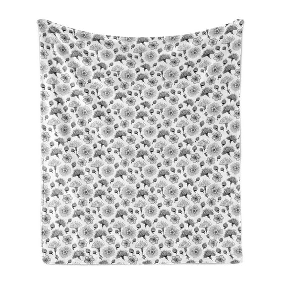 Floral Soft Flannel Fleece Throw Blanket, Print of Repetitive Charcoal Look Flowers Sketch on Plain Background, Cozy Plush for Indoor and Outdoor Use, 60" x 80", Charcoal Grey and White, by Ambesonne