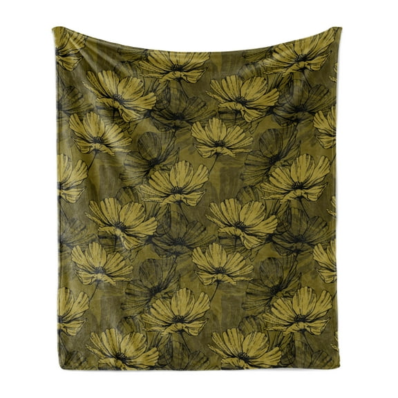 Floral Soft Flannel Fleece Throw Blanket, Repeated Blooming Flowers in Earth Tones, Cozy Plush for Indoor and Outdoor Use, 70" x 90", Fawn Green Brown, by Ambesonne