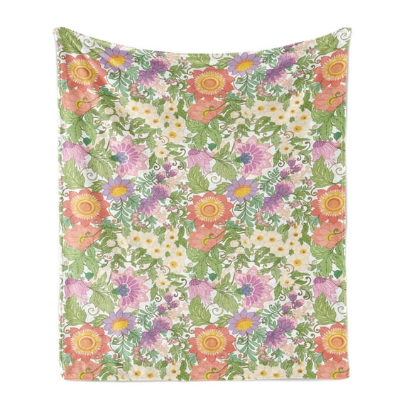 Floral Soft Flannel Fleece Throw Blanket, Repeating Blooming Pointy Petals Flowers Leaves Chamomile Motifs Illustration, Cozy Plush for Indoor and Outdoor Use, 50" x 60", Multicolor, by Ambesonne
