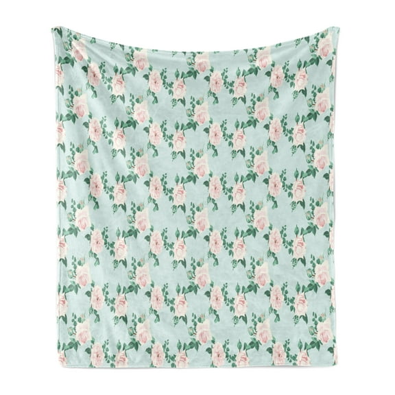 Floral Soft Flannel Fleece Throw Blanket, Repeating Pastel Soft Rose Flowers Leaves Illustration, Cozy Plush for Indoor and Outdoor Use, 50" x 70", Blue Blush, by Ambesonne