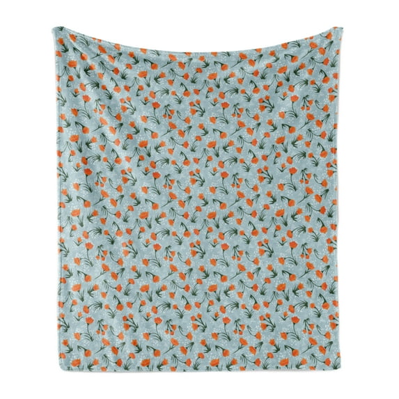 Floral Soft Flannel Fleece Throw Blanket, Repeating Vintage-Themed Flowers on Branches, Cozy Plush for Indoor and Outdoor Use, 60" x 80", Pale Blue Burnt Orange, by Ambesonne