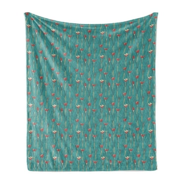 Floral Soft Flannel Fleece Throw Blanket, Repetitive Crocuses Leaves Simplistic Pattern, Cozy Plush for Indoor and Outdoor Use, 50" x 60", Dark Seafoam Multicolor, by Ambesonne