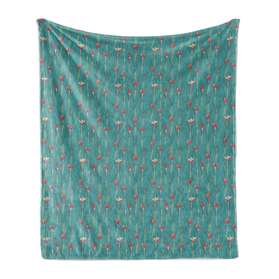 Floral Soft Flannel Fleece Throw Blanket, Repetitive Crocuses Leaves Simplistic Pattern, Cozy Plush for Indoor and Outdoor Use, 50" x 60", Dark Seafoam Multicolor, by Ambesonne