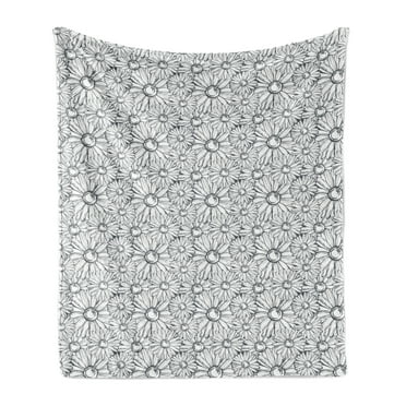 Floral Soft Flannel Fleece Throw Blanket, Repetitive Outline Grunge Style Sketch Drawn Pattern of Chamomiles, Cozy Plush for Indoor and Outdoor Use, 50" x 60", Dark Blue Grey White, by Ambesonne
