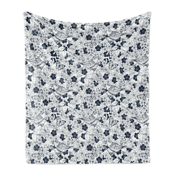 Floral Soft Flannel Fleece Throw Blanket, Repetitive Spring Flowers Birds Butterflies Bicolored Illustration, Cozy Plush for Indoor and Outdoor Use, 50" x 70", White Dark Night Blue, by Ambesonne