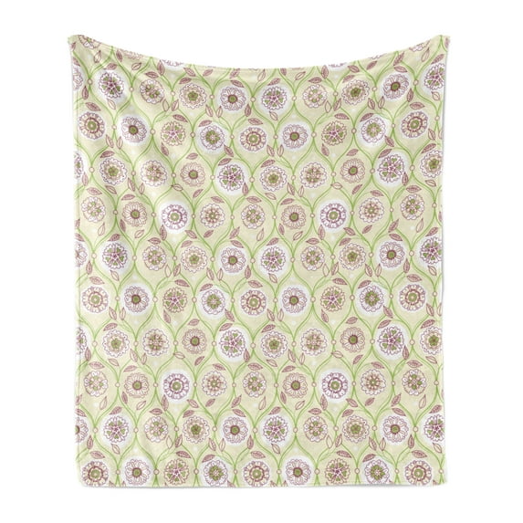 Floral Soft Flannel Fleece Throw Blanket, Repetitive Vintage Flowers Spring Art Illustration, Cozy Plush for Indoor and Outdoor Use, 60" x 80", Cream Avocado Green, by Ambesonne