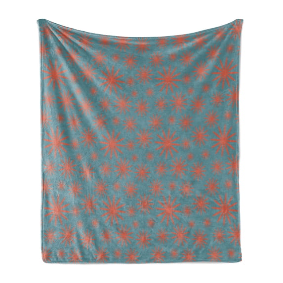 Floral Soft Flannel Fleece Throw Blanket, Retro Vintage 60s 50s Inspired Flower on a Blue Tone Backdrop Image, Cozy Plush for Indoor and Outdoor Use, 50" x 70", Petrol Blue Dark Coral, by Ambesonne