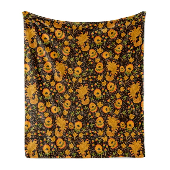 Floral Soft Flannel Fleece Throw Blanket, Rhythmic Eastern Style Motif Vivid Folk Art Illustration Print, Cozy Plush for Indoor and Outdoor Use, 60" x 80", Black Orange, by Ambesonne