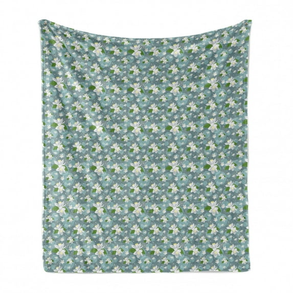 Floral Soft Flannel Fleece Throw Blanket, Rhythmic Lemon Blossom Flower on Bokeh Circles Backdrop, Cozy Plush for Indoor and Outdoor Use, 70" x 90", Blue Grey Yellow, by Ambesonne