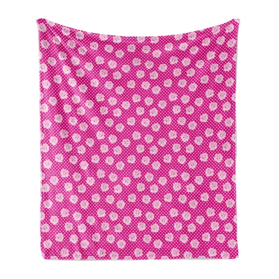 Floral Soft Flannel Fleece Throw Blanket, Rhythmic Polka Dots and Roses Silhouette Summer Botany in Blush Tones, Cozy Plush for Indoor and Outdoor Use, 50" x 70", Magenta and Baby Pink, by Ambesonne