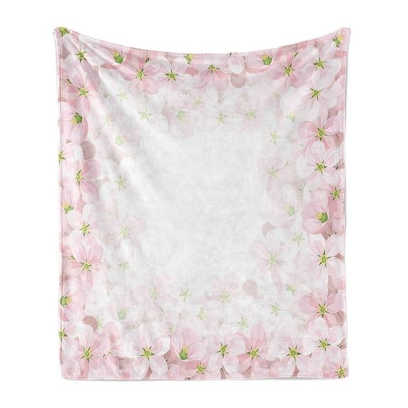 Floral Soft Flannel Fleece Throw Blanket, Romantic Apple Flower Petals Blooms Nature Essence Beauty Bouquet Image, Cozy Plush for Indoor and Outdoor Use, 60" x 80", Baby Pink Lime Green, by Ambesonne