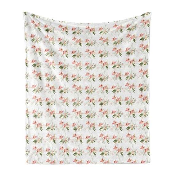 Floral Soft Flannel Fleece Throw Blanket, Romantic Bouquet of Lilies in Soft Colors Contour Style Floral Art, Cozy Plush for Indoor and Outdoor Use, 70" x 90", Olive Green Pale Pink, by Ambesonne
