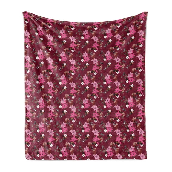 Floral Soft Flannel Fleece Throw Blanket, Romantic Design of Lilies Butterflies and Other Flowers Vintage Garden Art, Cozy Plush for Indoor and Outdoor Use, 70" x 90", Maroon Multicolor, by Ambesonne