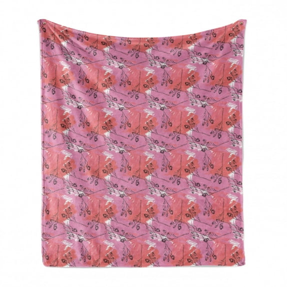 Floral Soft Flannel Fleece Throw Blanket, Romantic Flower Sketches on Paintbrush Strokes, Cozy Plush for Indoor and Outdoor Use, 60" x 80", Pale Fuchsia Pastel Pink, by Ambesonne