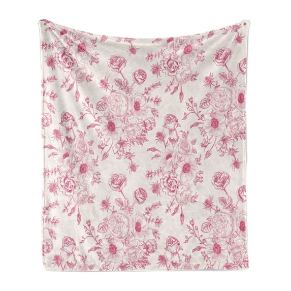 Floral Soft Flannel Fleece Throw Blanket, Romantic Rose Flower Bouquet Blooms in Soft Pastel Tones Botanical Rococo Design, Cozy Plush for Indoor and Outdoor Use, 70" x 90", Pale Pink, by Ambesonne