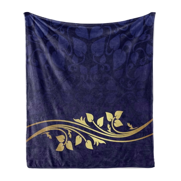 Floral Soft Flannel Fleece Throw Blanket, Romantic Royal Leaf Pattern Yellow Colored Blossoming Branch Leaves, Cozy Plush for Indoor and Outdoor Use, 70" x 90", Purple Indigo, by Ambesonne