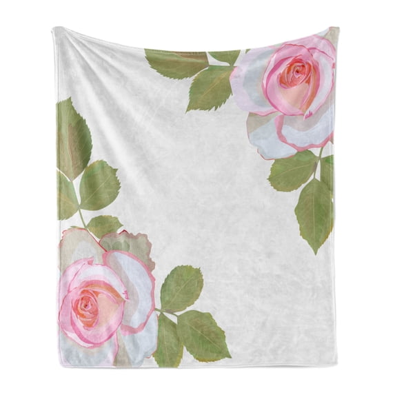 Floral Soft Flannel Fleece Throw Blanket, Romantic Theme of Roses and Leaves Symbolizing Love Passion, Cozy Plush for Indoor and Outdoor Use, 50" x 70", Coral Pale Olive Green, by Ambesonne