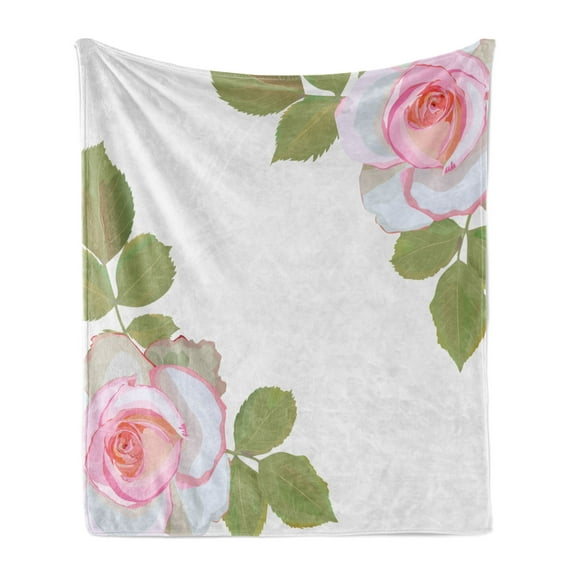 Floral Soft Flannel Fleece Throw Blanket, Romantic Theme of Roses and Leaves Symbolizing Love Passion, Cozy Plush for Indoor and Outdoor Use, 70" x 90", Coral Pale Olive Green, by Ambesonne